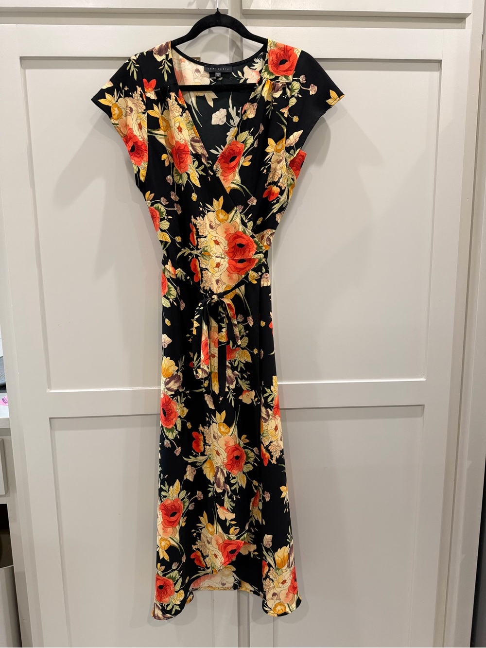 Sanctuary Black Floral Wrap Midi Dress with Red and Yellow Blooms